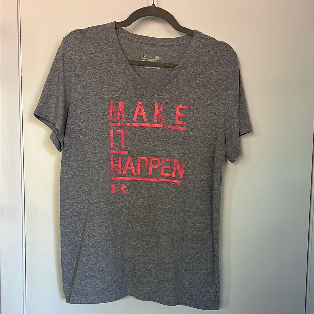 Under Armour Heather Gray Tee with Neon Pink Text